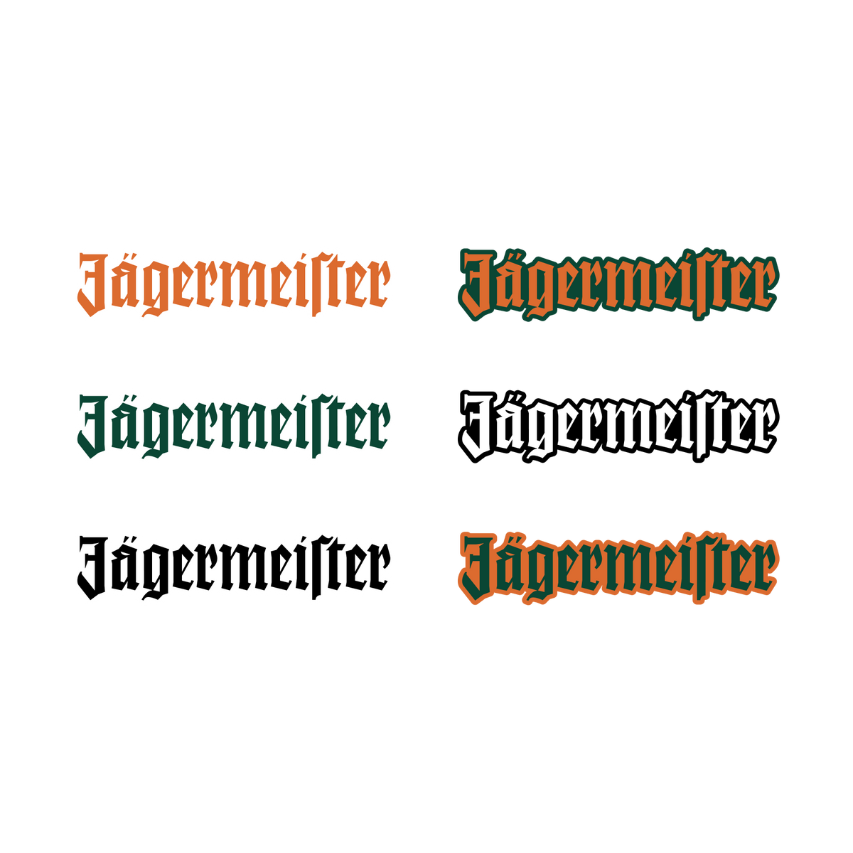 Jägermeister wordmark logo in various colors on a white background