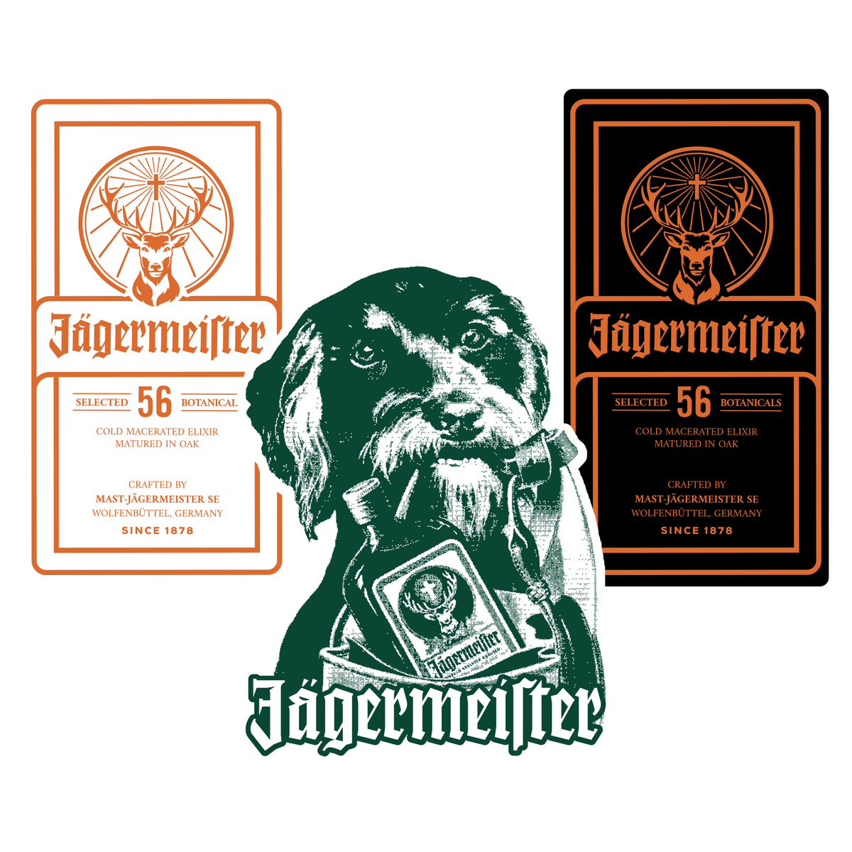 Rótulo da Jägermeister em branco e preto com logótipo laranja e logótipo com um cão a segurar um rótulo de garrafa de Jägermeister sobre um fundo branco