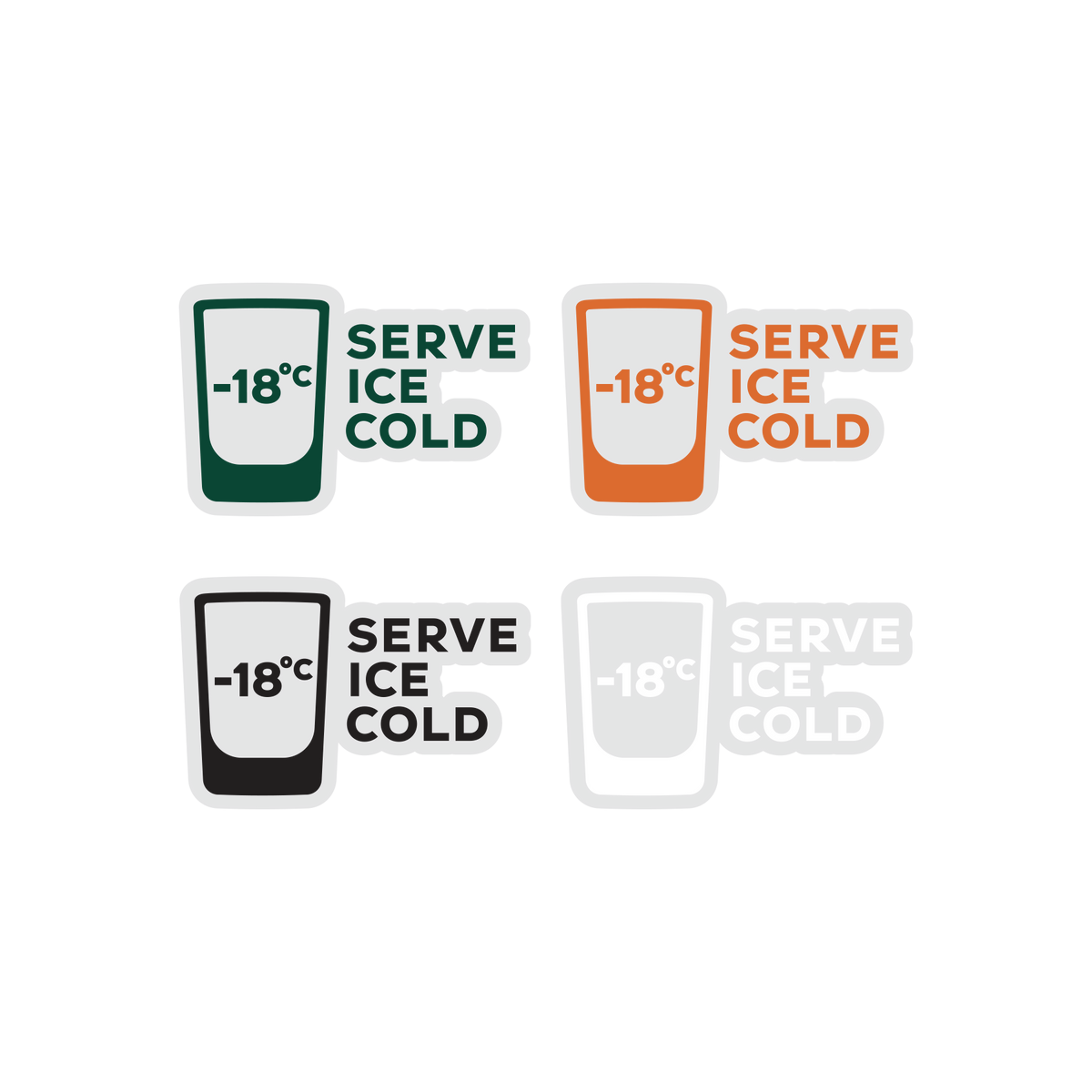 Conjunto de rótulos de temperatura 'Serve Ice Cold' com diferentes esquemas de cor sobre um fundo branco.