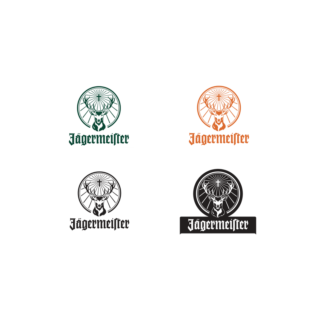 Quatro variações de logótipos da Jägermeister sobre um fundo branco