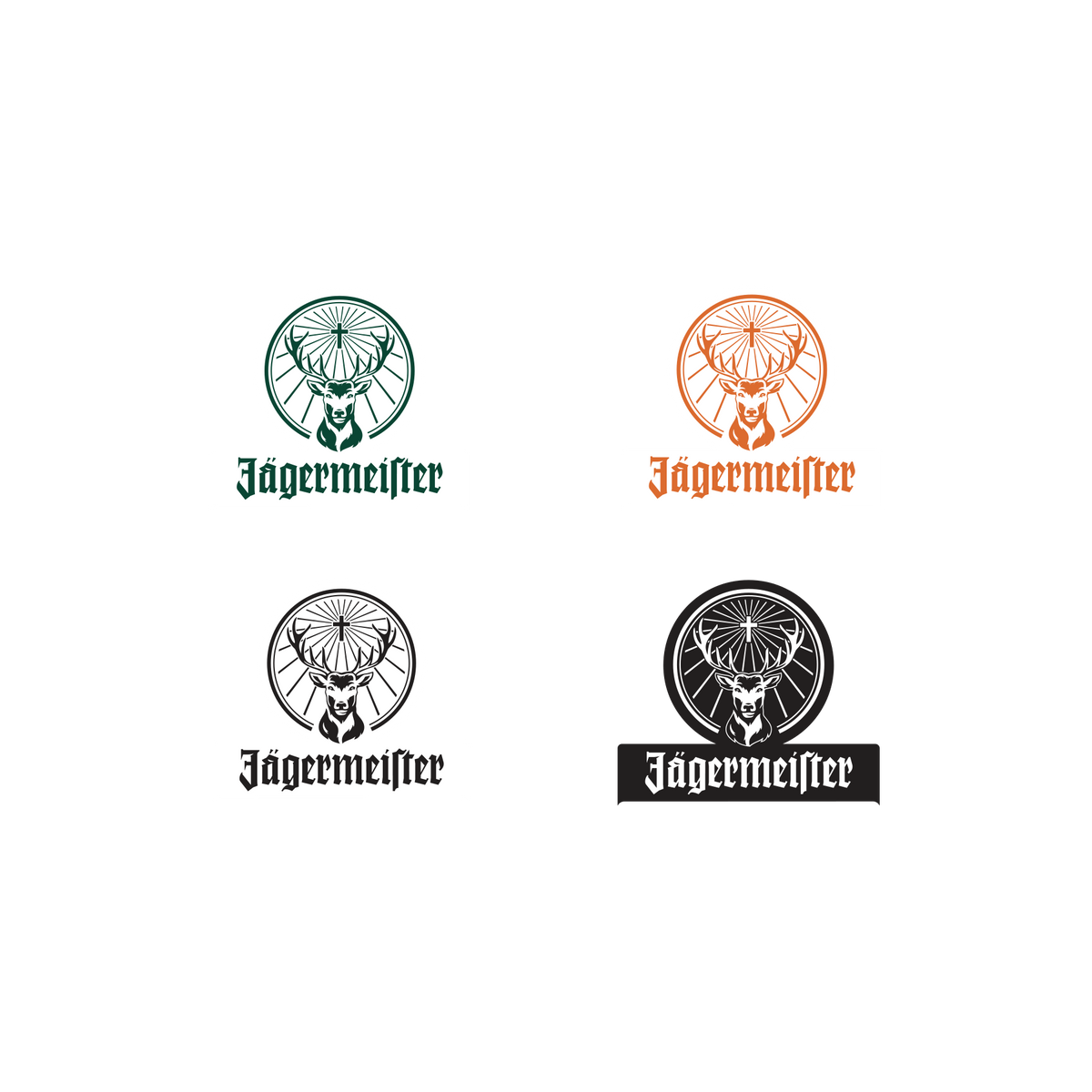 Quatro variações de logótipos da Jägermeister sobre um fundo branco
