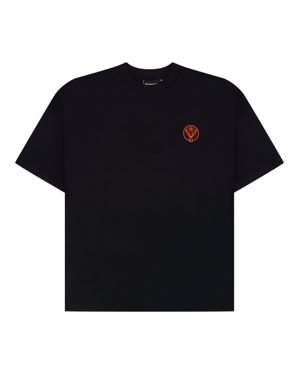 Black t-shirt with a small Jägermeister orange logo on the chest.