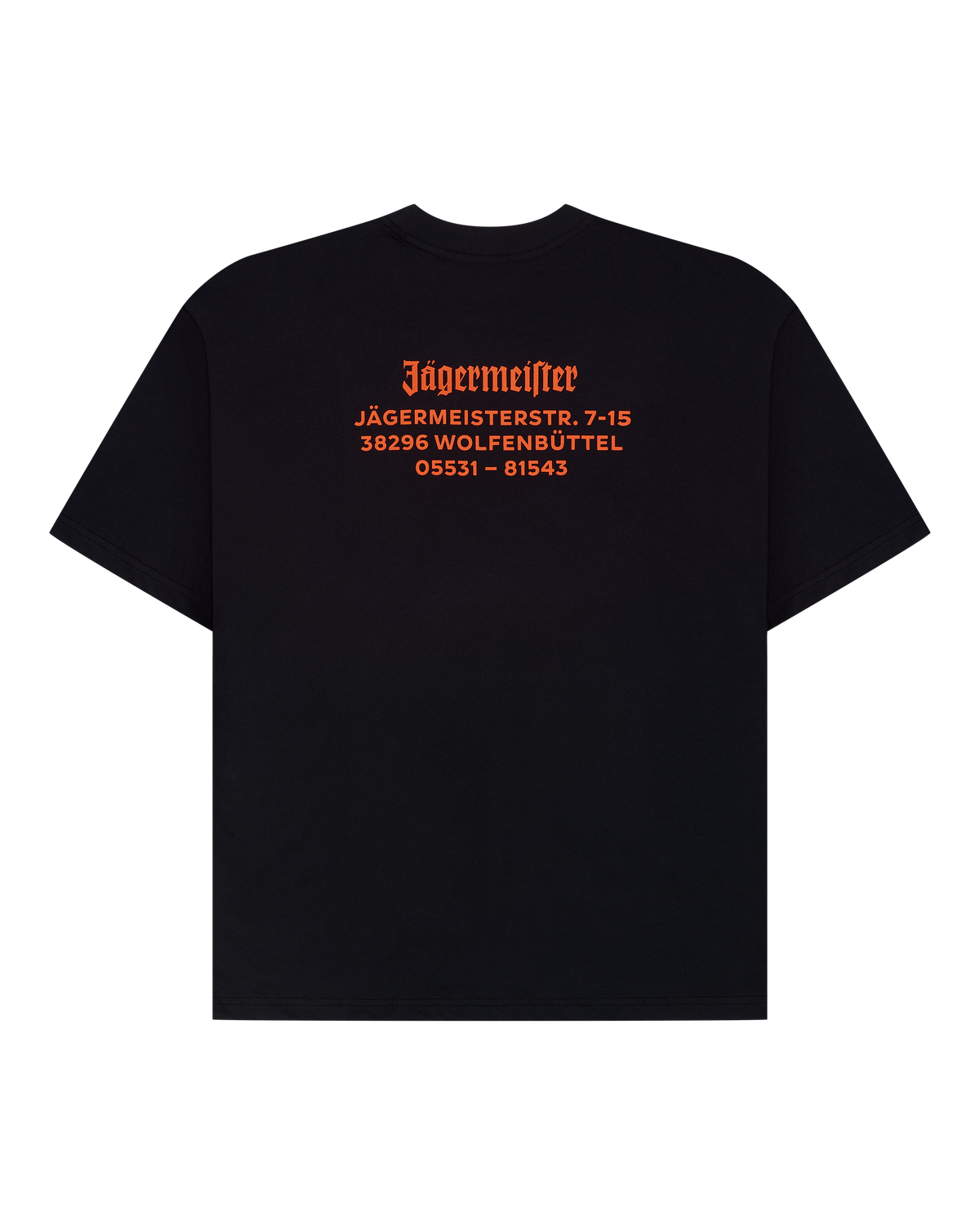 Black t-shirt with orange Jägermeister wordmark and address on the back.