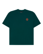 Green t-shirt with a small orange Jägermeister on the chest.