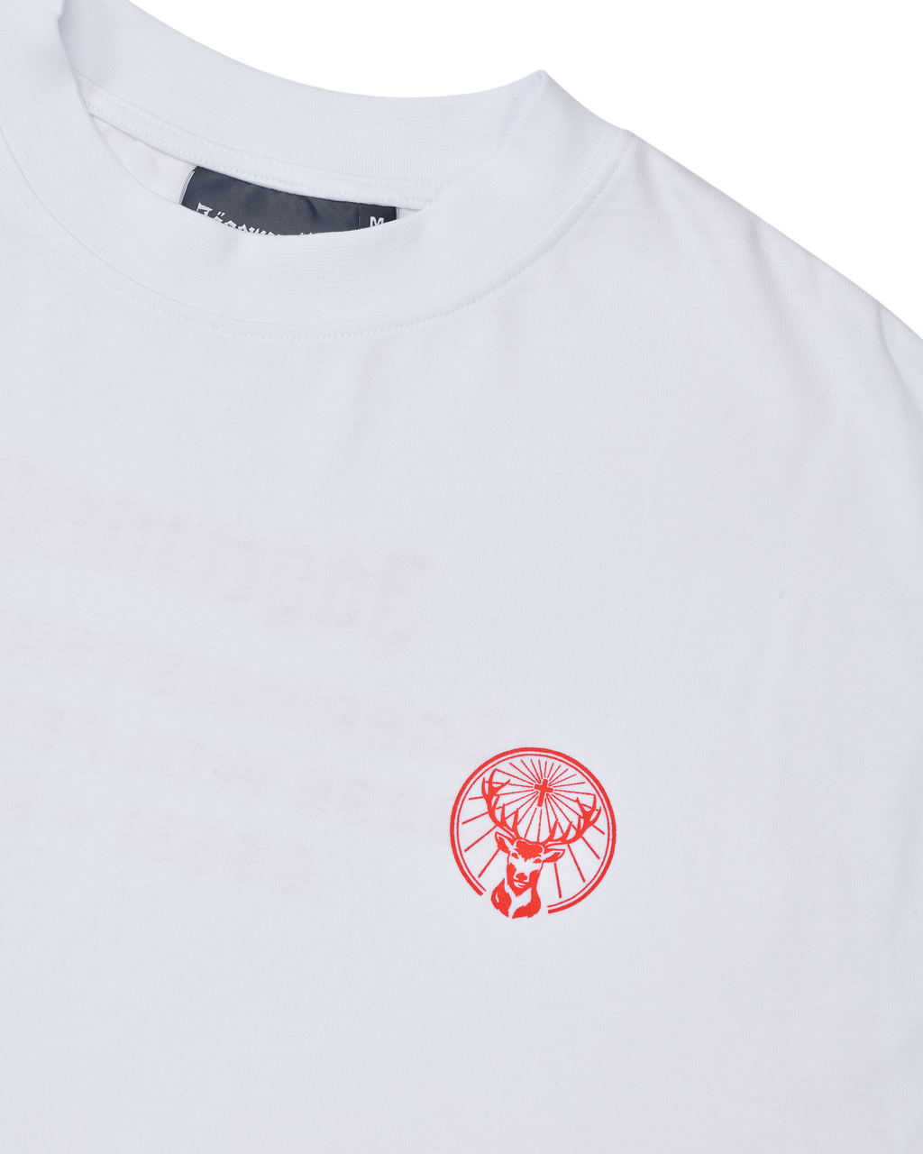 White t-shirt with an orange Jägermeister logo.
