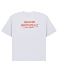 White t-shirt with orange Jägermeister address on the back.