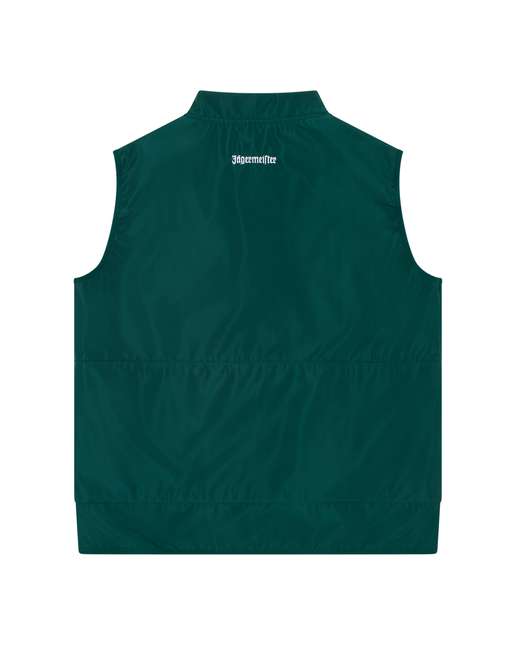 Green Jägermeister vest from the back with a white Jägermeister wordmark.