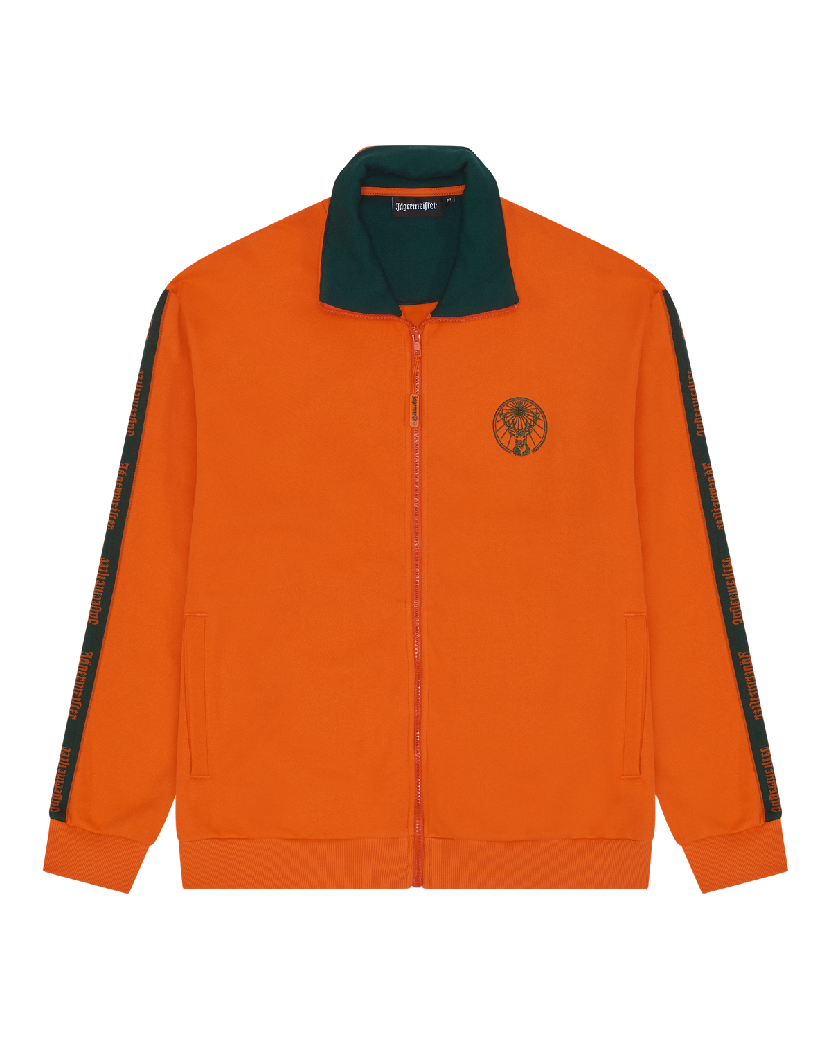 Orange track jacket with green collar and green branded Jägermeister accents.