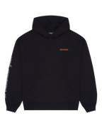 Black hoodie with a logo on the chest
