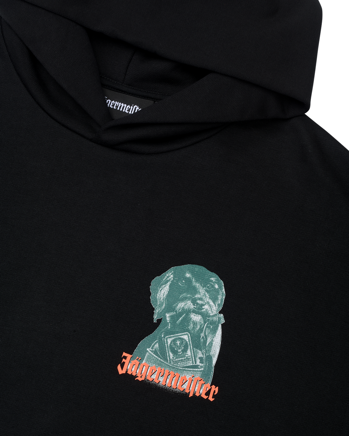 Black hoodie with Jägermeister Waldi logo on the chest